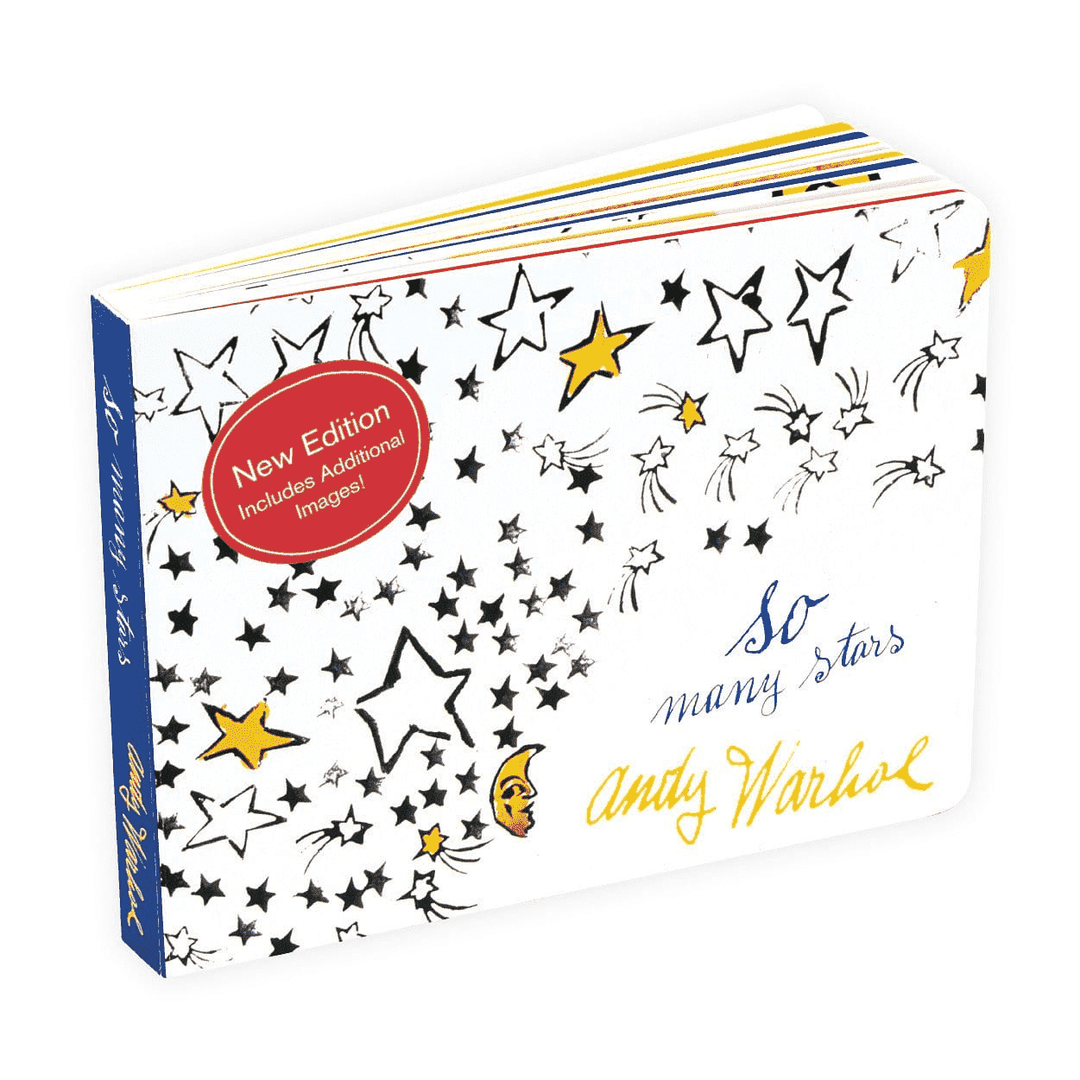 Book with star illustrations and Andy Warhol's name on a white background