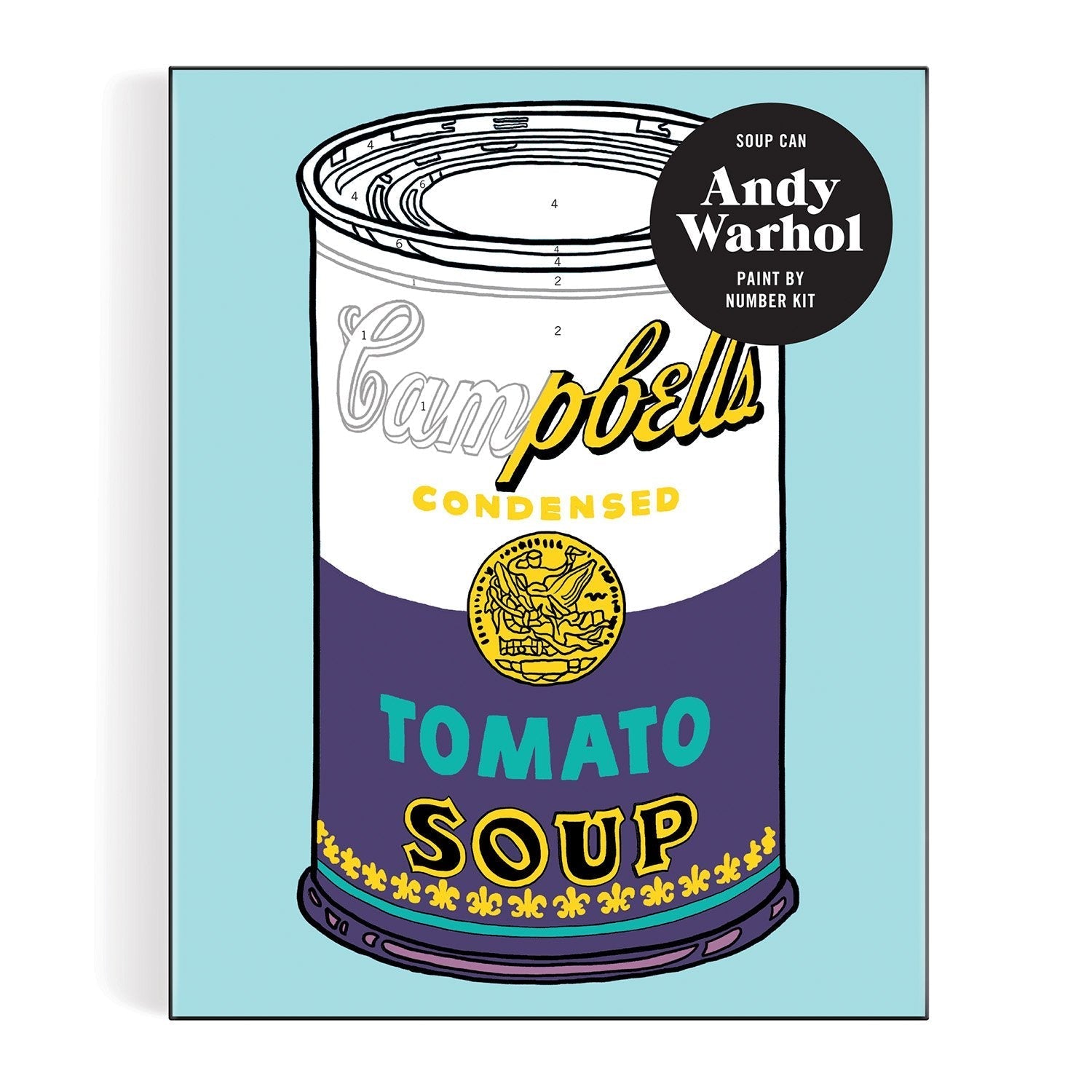 Campbell's Tomato Soup can design with Andy Warhol label on a light blue background