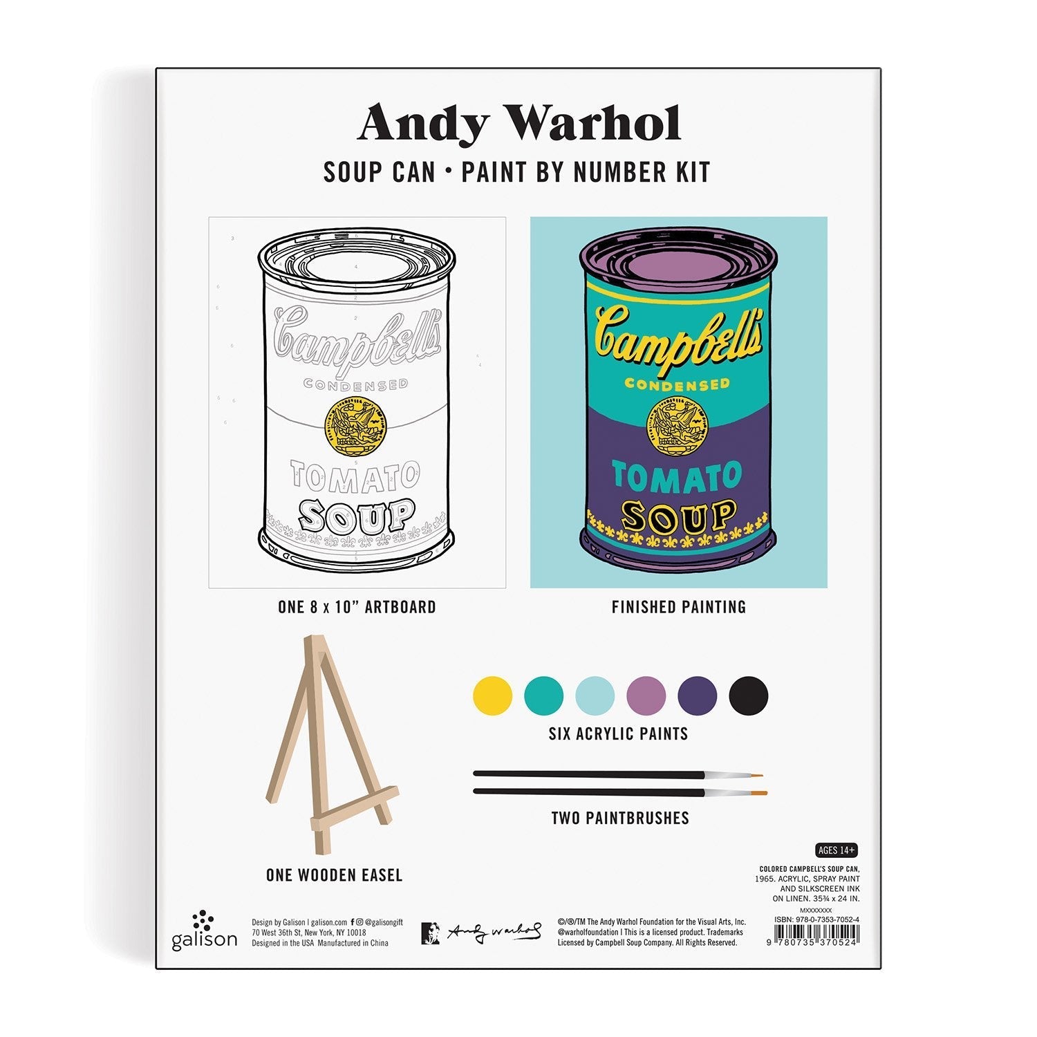 Andy Warhol Soup Can Paint by Number Kit packaging with art supplies on a white background
