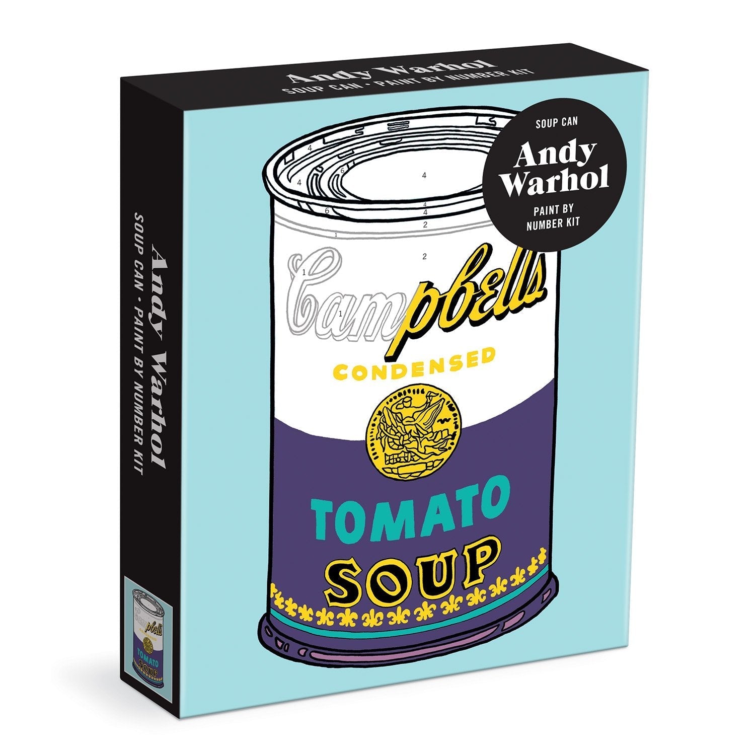 Andy Warhol Campbell's Soup can packaging on a light blue background