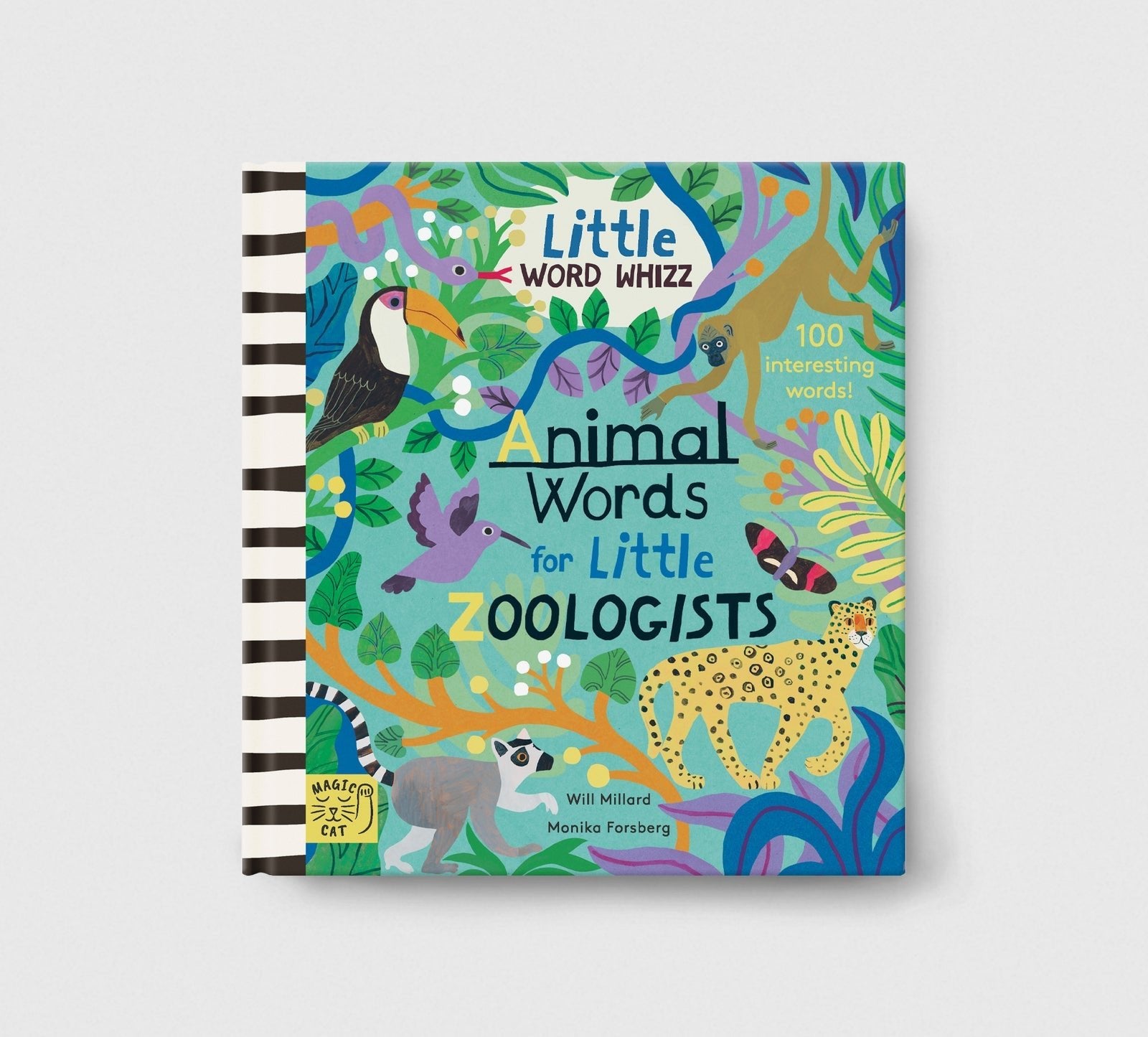 Children's book titled 'Animal Words for Little Zoologists' with colorful animal illustrations on a white background.