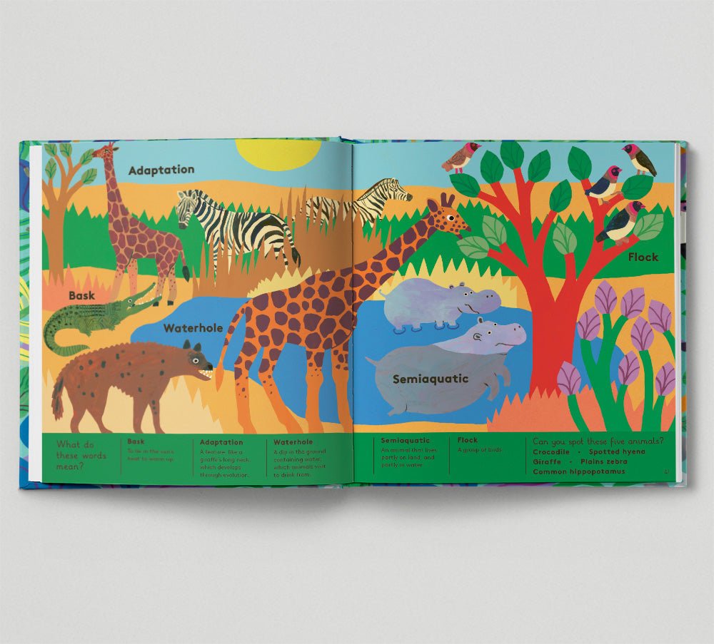 Colorful children's book open to a page with animal illustrations and text on a white background