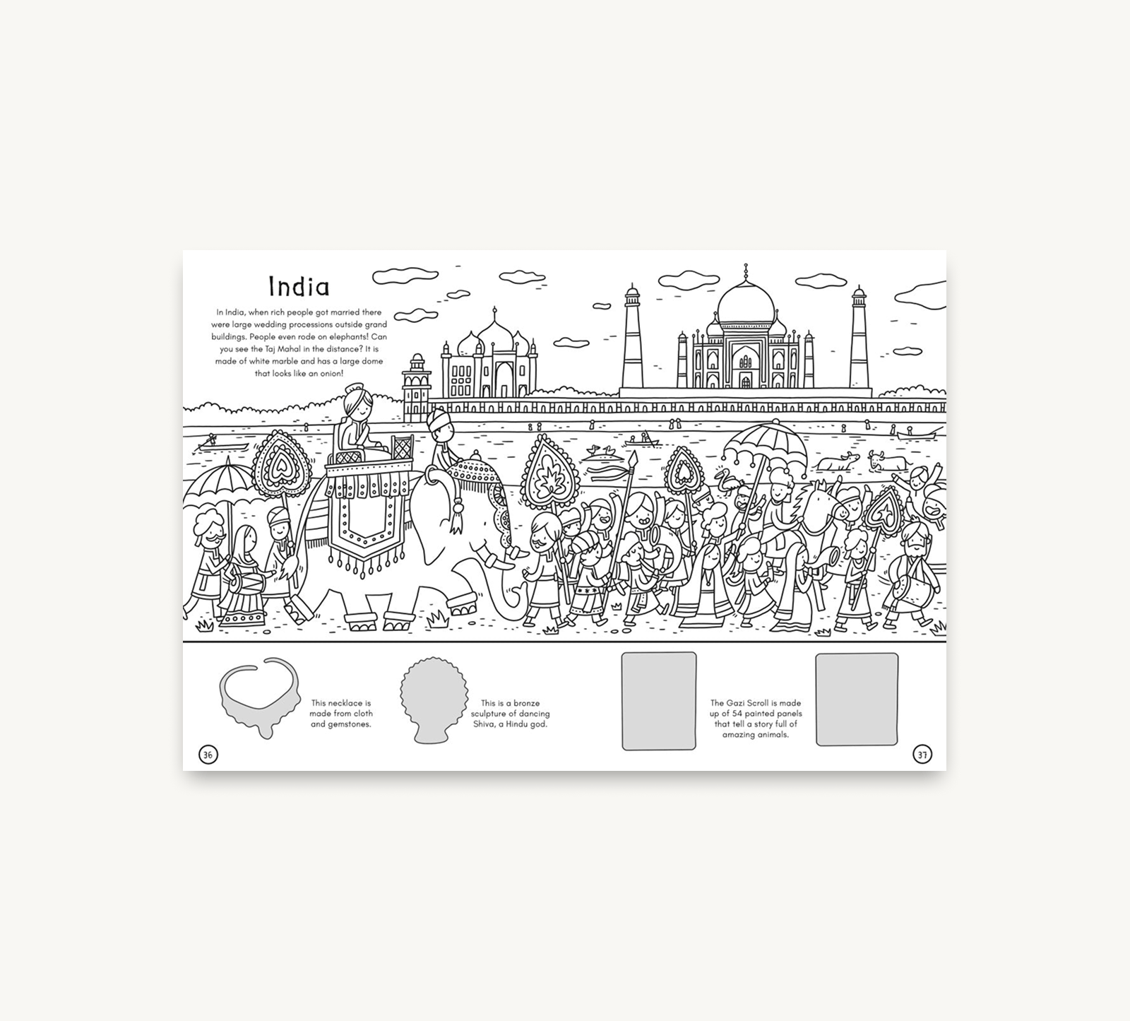 Coloring page of India with Taj Mahal and other elements on a white background