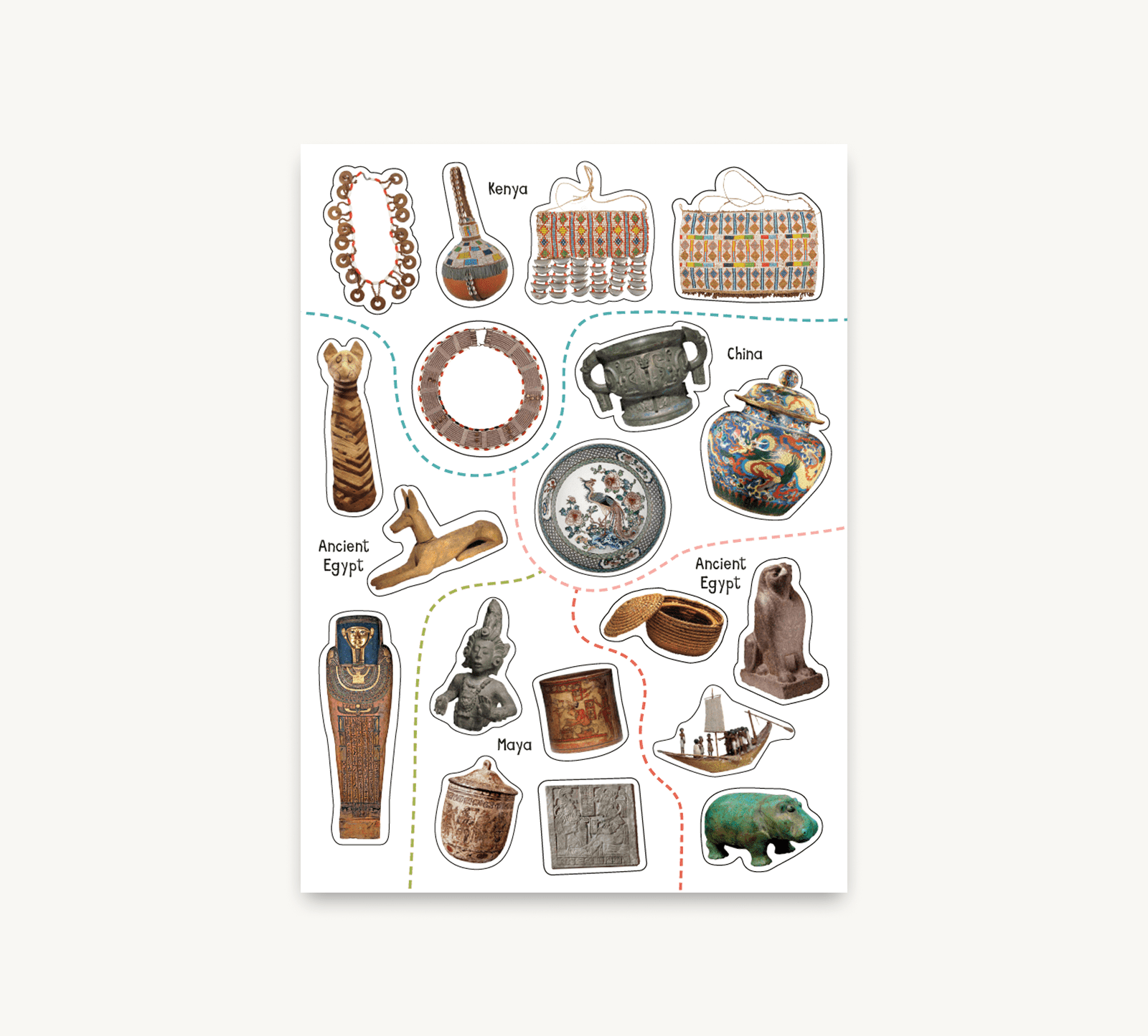 Sheet of decorative stickers featuring ancient Egyptian-themed items on a white background.
