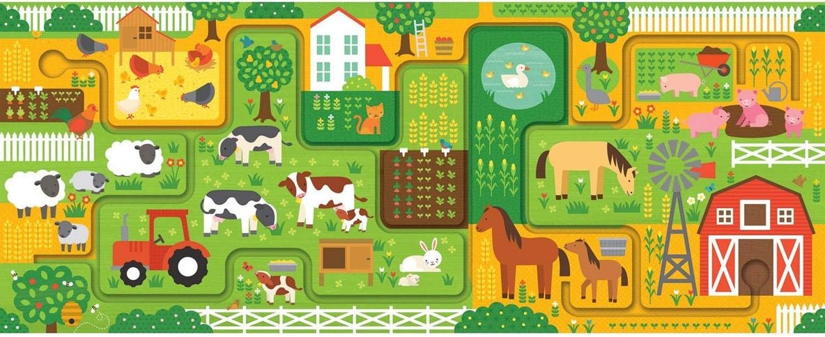Colorful farm-themed children's play mat with animals and vehicles.