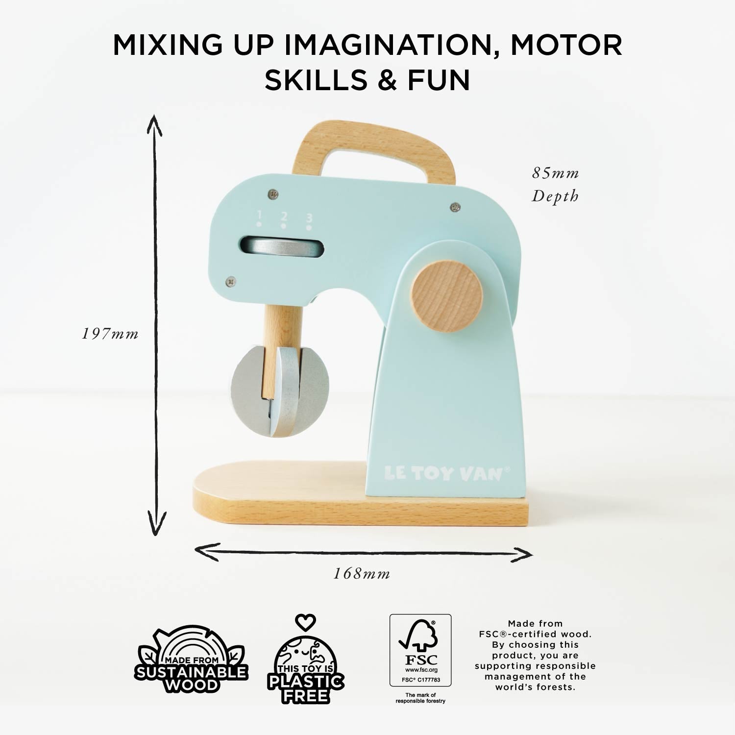 Wooden toy mixer with measurements and branding on a white background