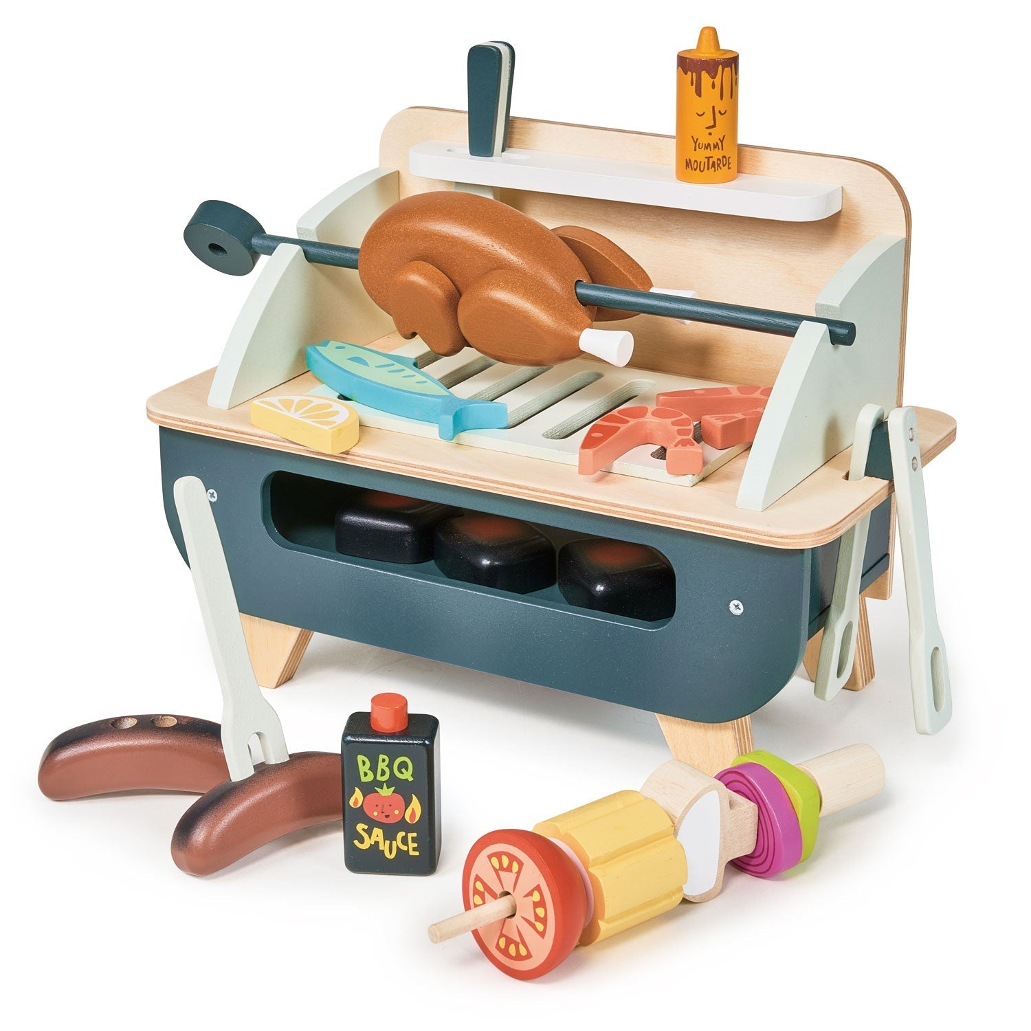 Toy barbecue set with various accessories on a white background