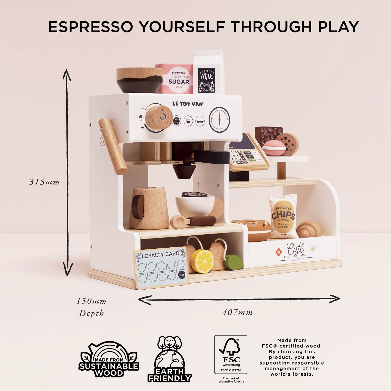 Children's play kitchen set with espresso machine and shelves, featuring Le Toy Van branding.