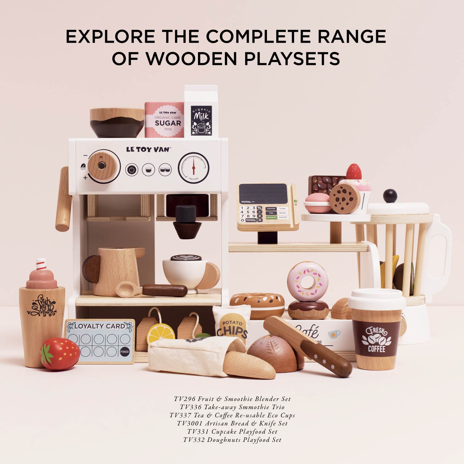 Wooden playsets including a coffee shop and kitchen set on a light pink background.