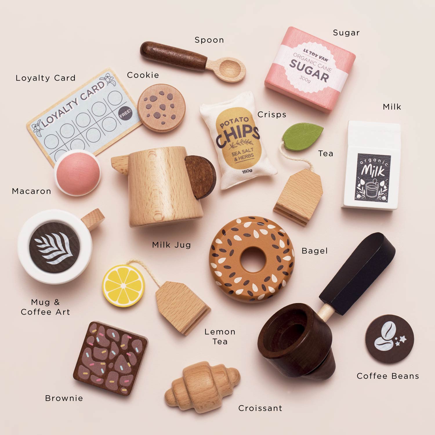 Collection of wooden toys resembling food items and a loyalty card on a beige background.