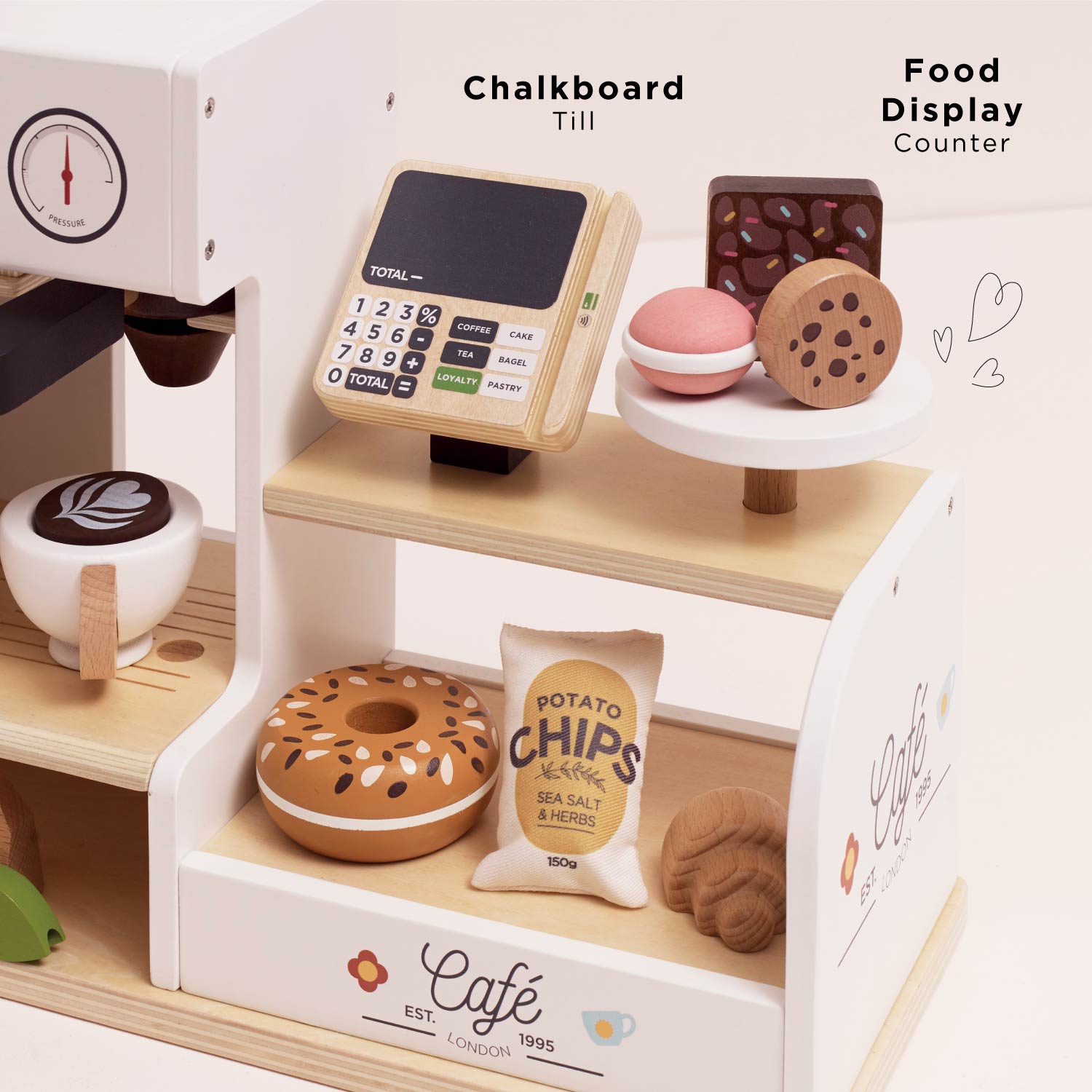 Toy cafe set with cash register, chalkboard, and food display counter on a white background