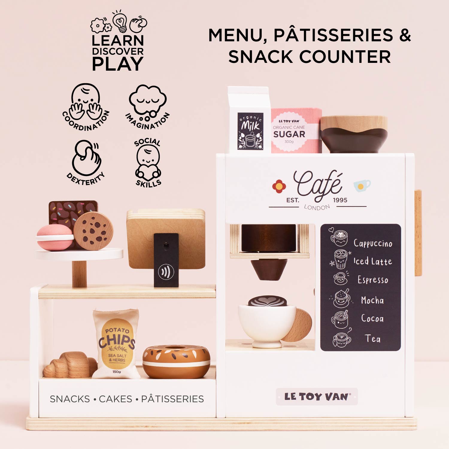 LE TOY VAN playset with wooden counter, food items, and a menu board on a pink background.