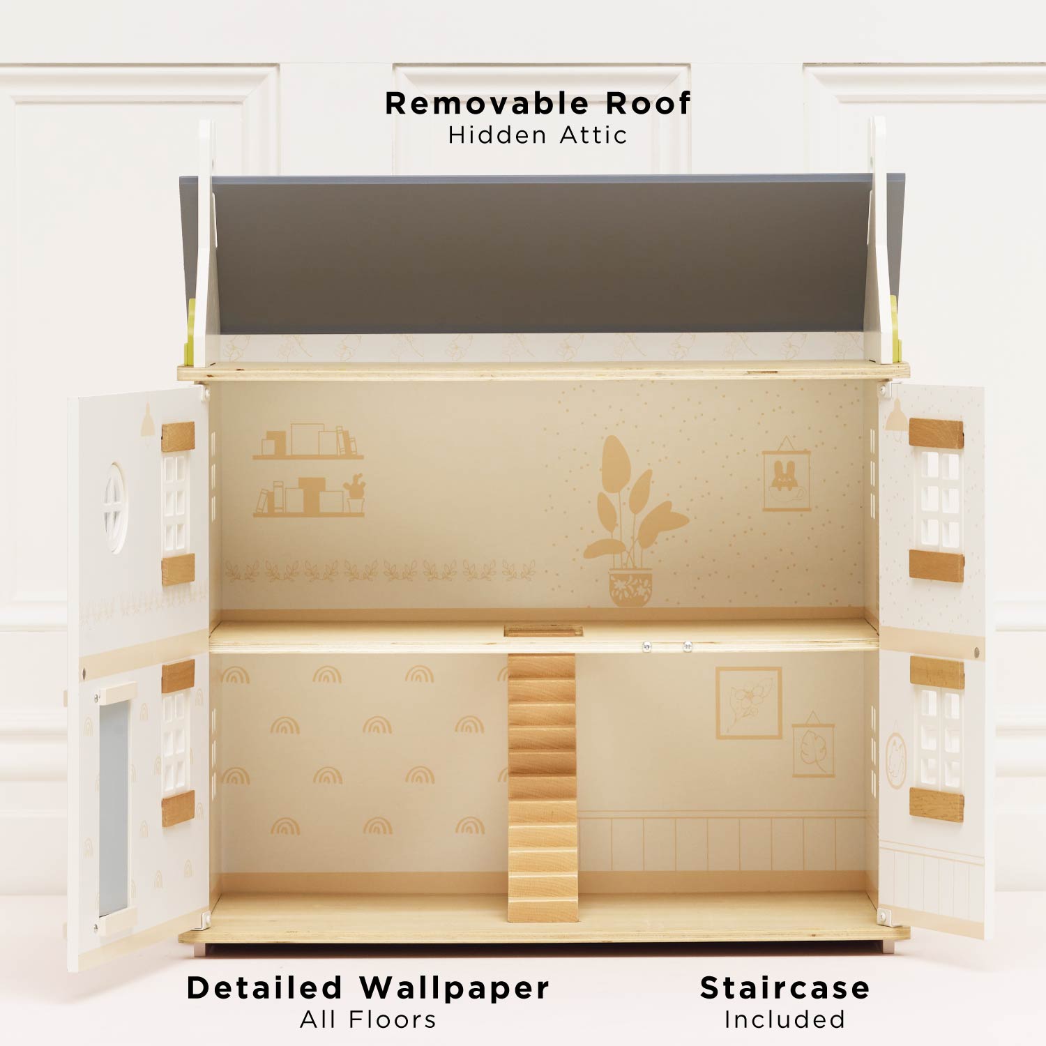 Dollhouse with removable roof, staircase, and detailed wallpaper on a white background