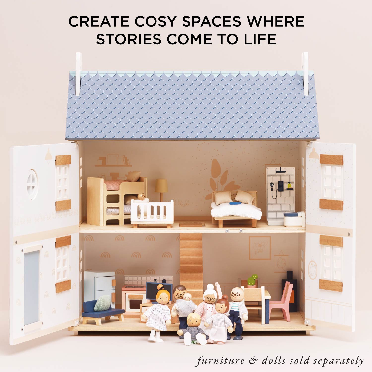 Dollhouse with furniture and dolls inside, text 'Create Cosy Spaces Where Stories Come to Life'.