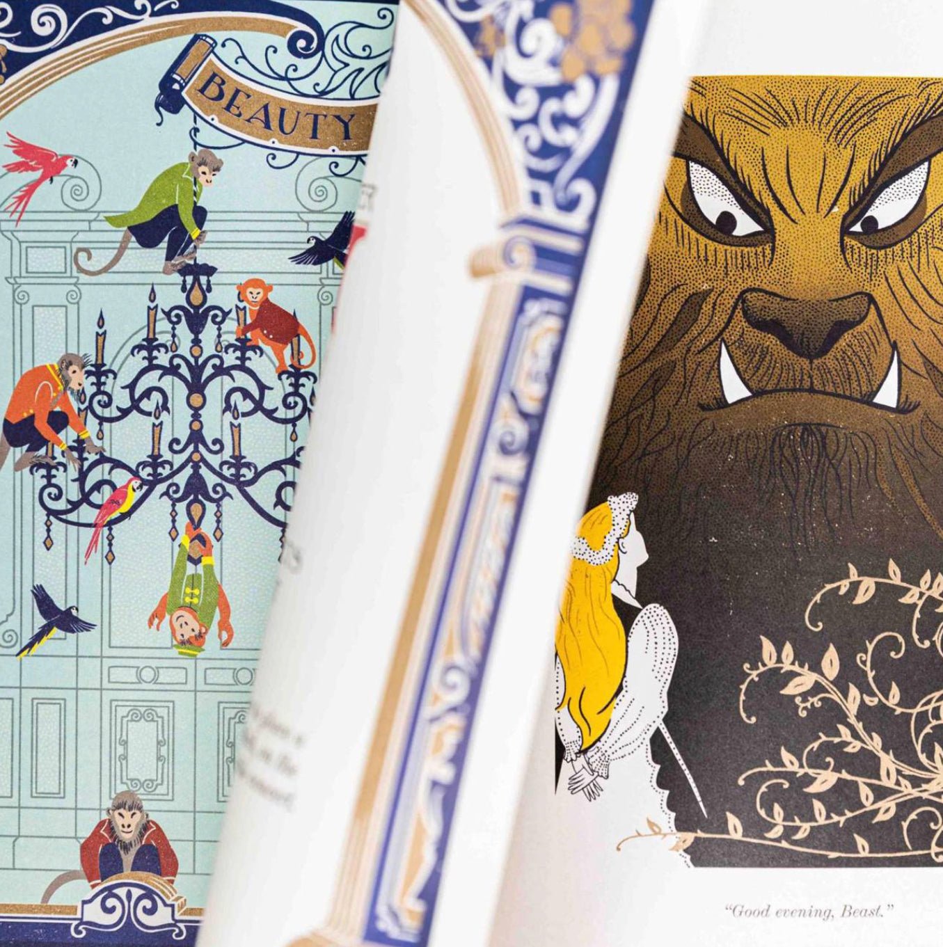 Collage of illustrated cards featuring characters from a fairy tale, including a lion and princess.