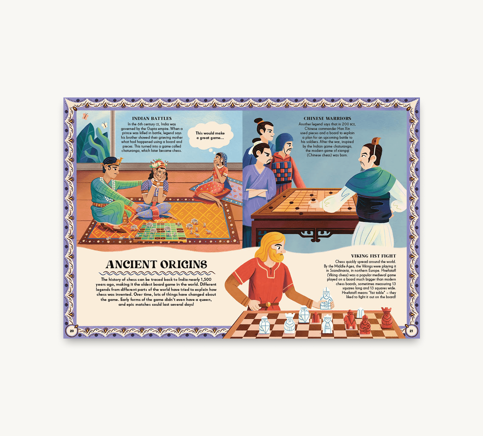 Illustrated book page about the history of chess with various cultures playing the game.
