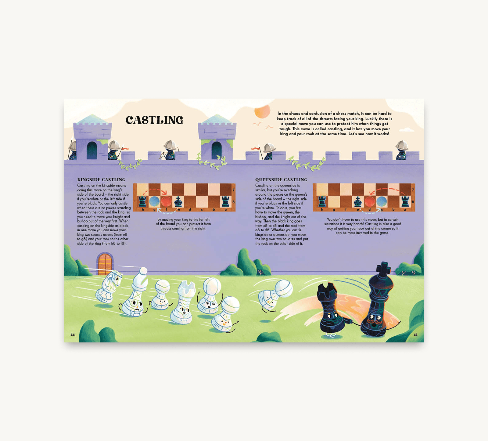 Educational illustration of chess pieces on a board with text explaining 'Castling'.