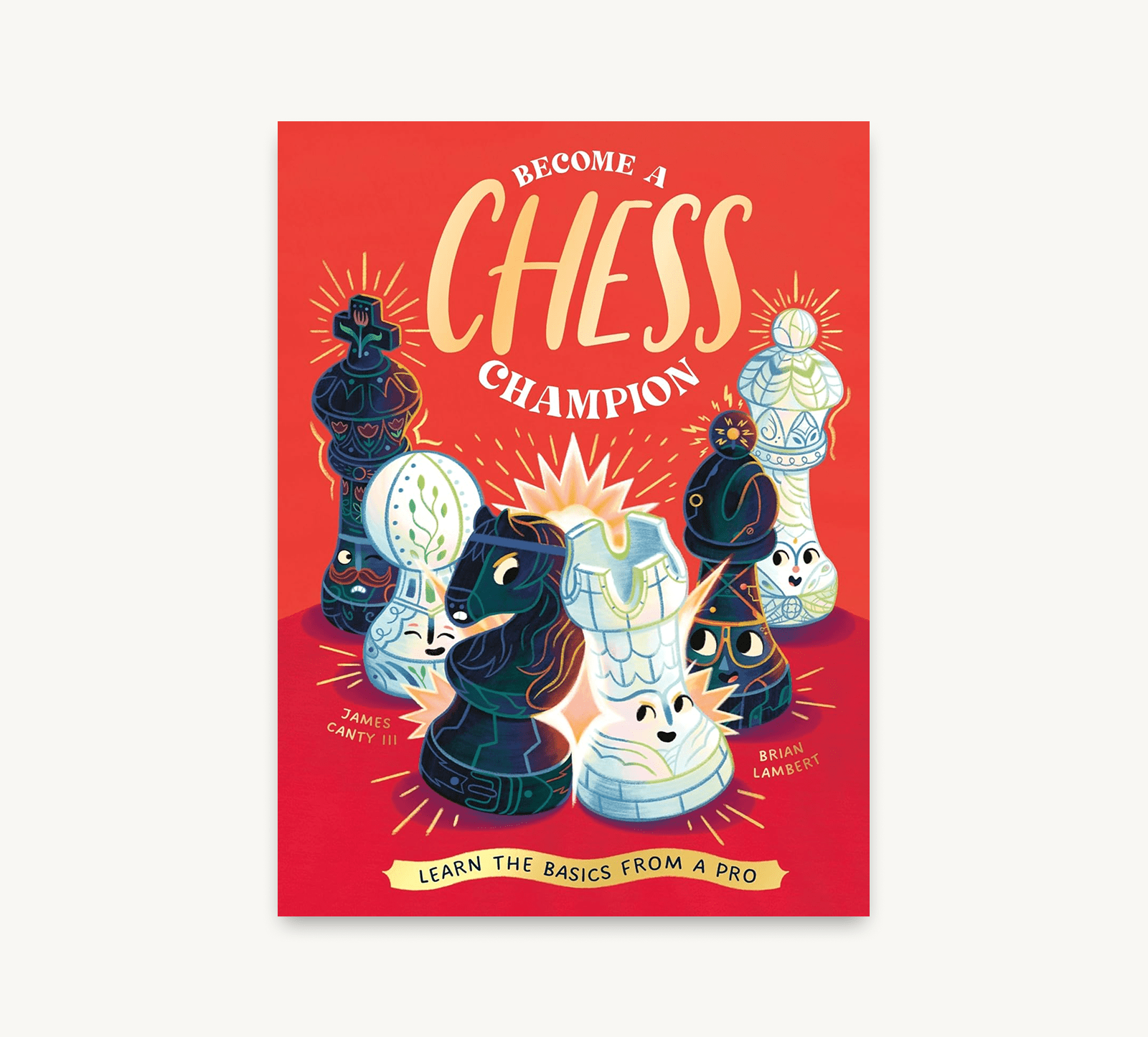 Book cover of 'Become a Chess Champion' with colorful chess pieces on a red background