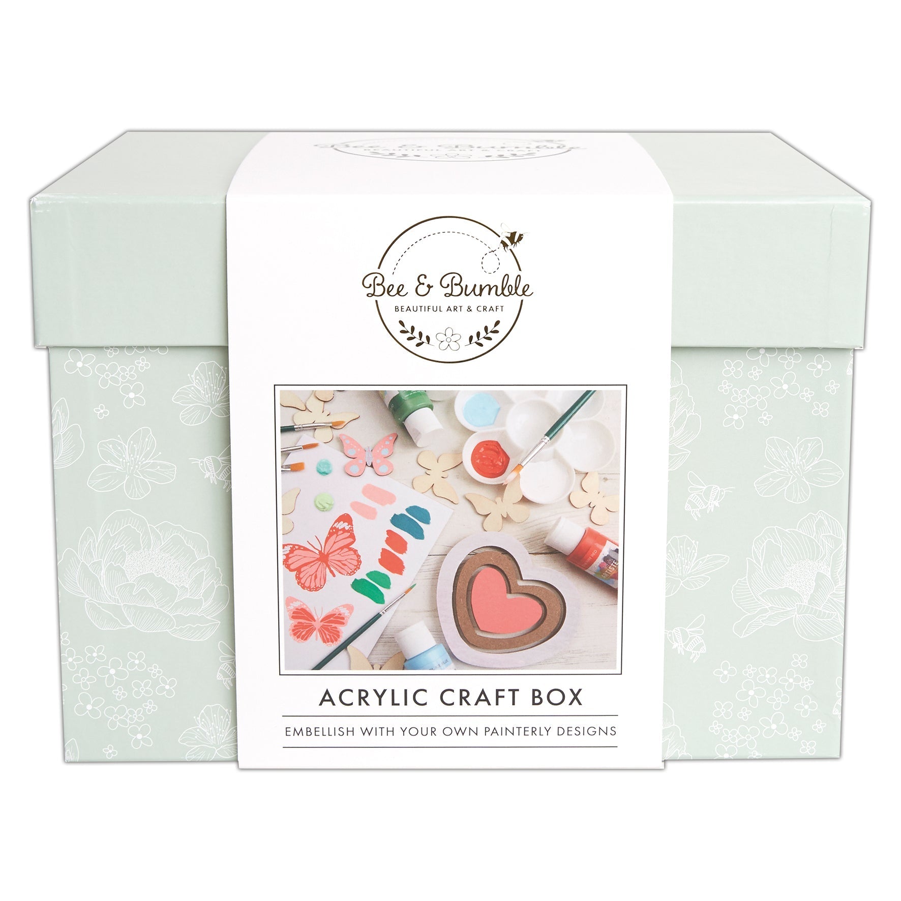 Acrylic craft box with Bee & Bumble branding and craft materials on a white background