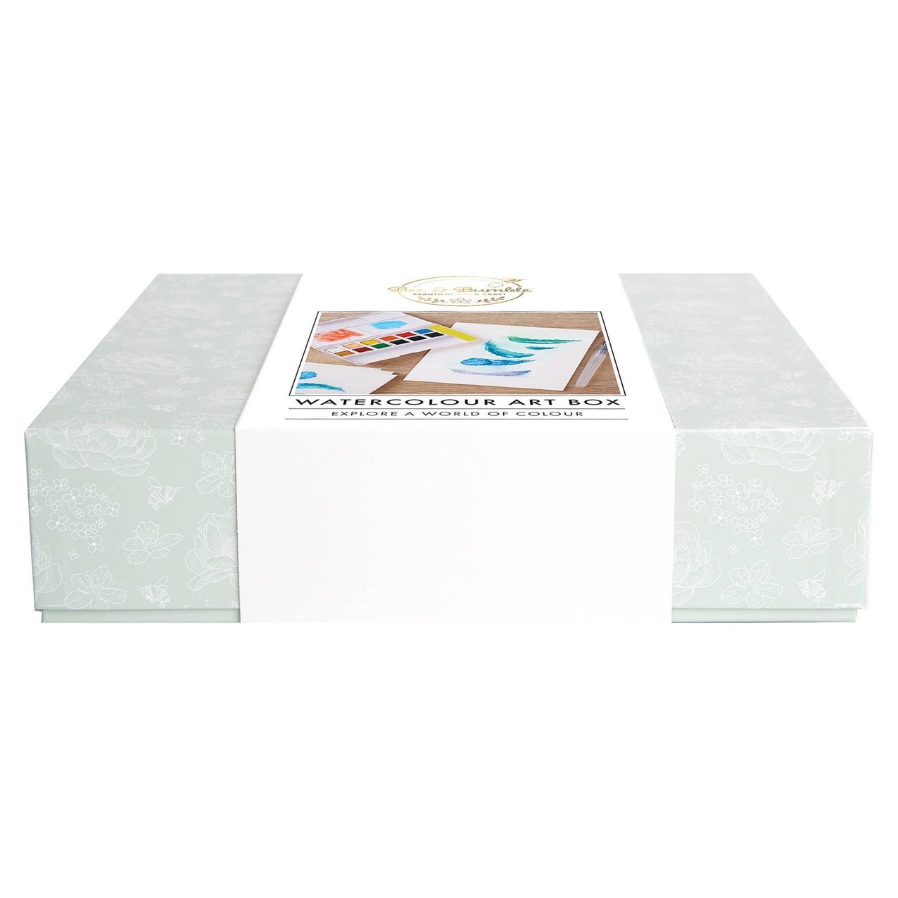 Watercolor art box with watercolor paper and tools on a white background