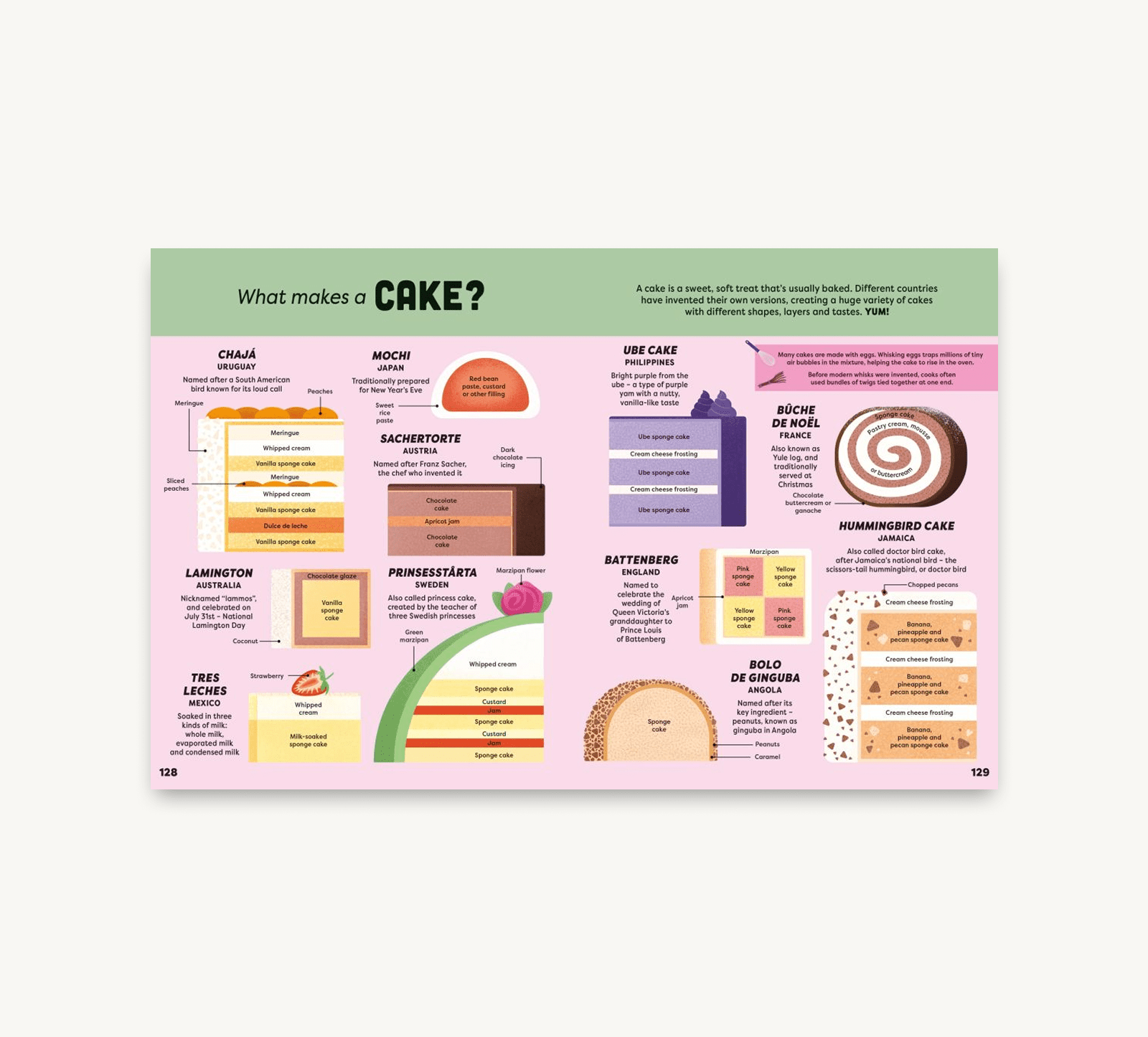 Educational poster about different types of cakes with colorful illustrations on a white background.