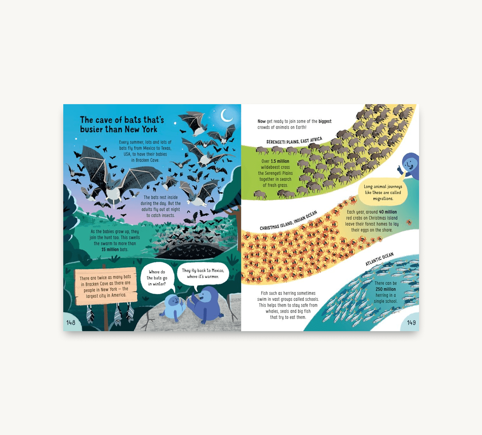 Educational book page about bats with illustrations and text.