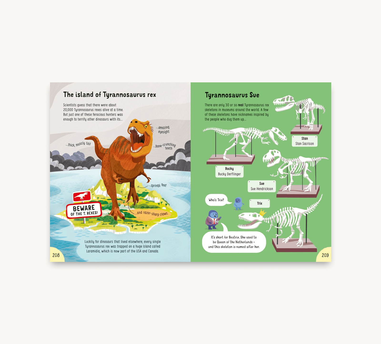 Educational children's book page about Tyrannosaurus rex with illustrations and text.