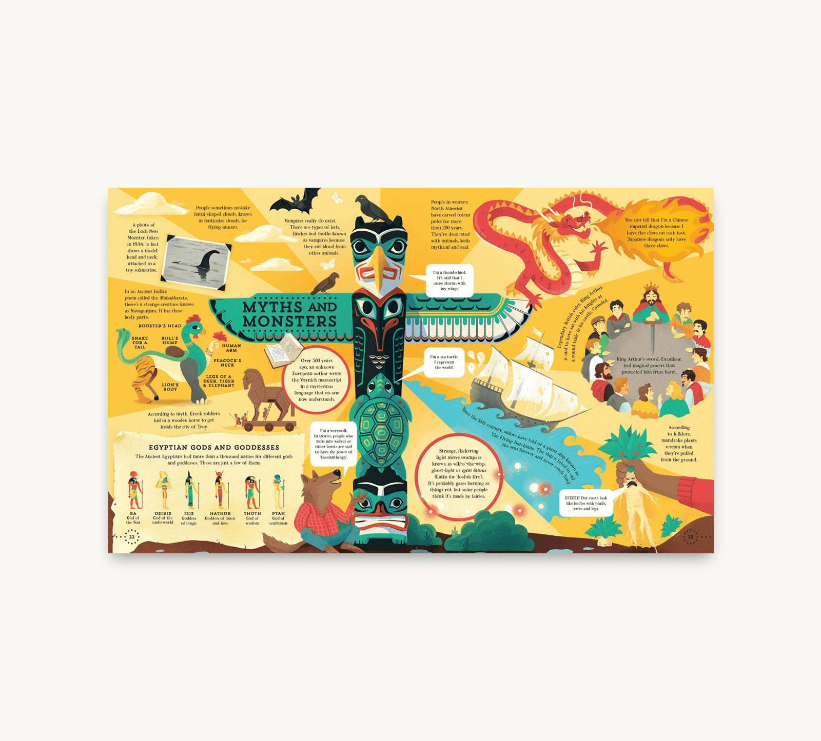 Illustrated book or poster about myths and monsters with colorful graphics on a white background