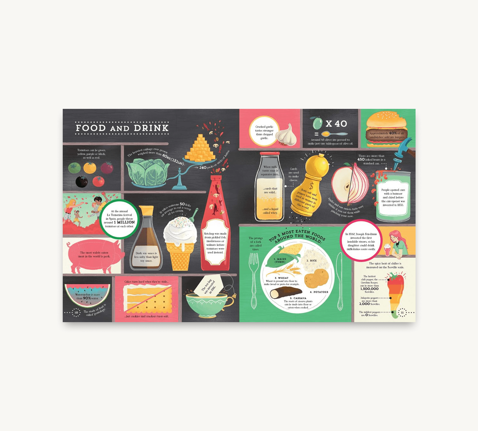 Educational poster set on food and drink with colorful illustrations on a white background