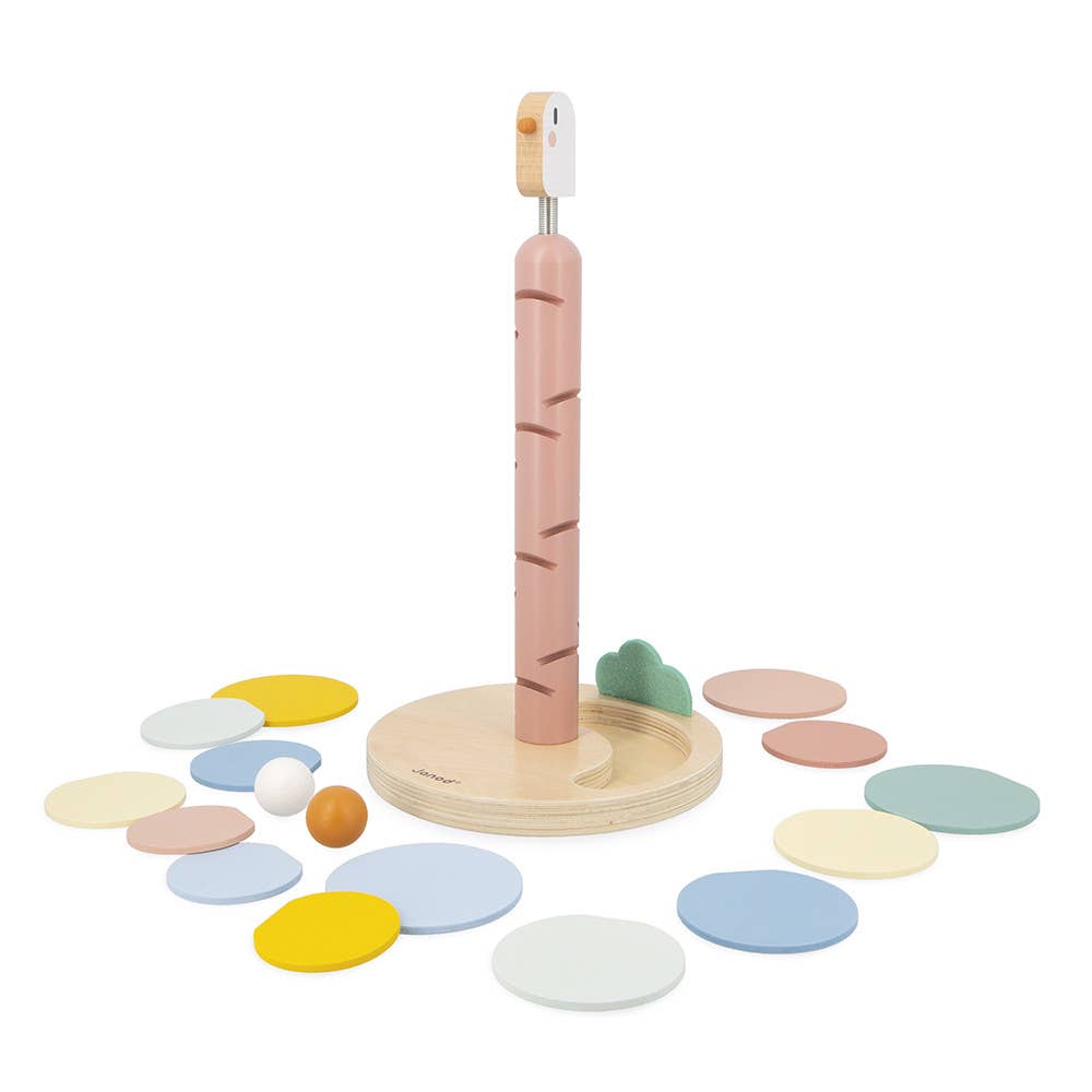 Colorful wooden toy with a tall pink cylindrical stand and round platforms on a white background