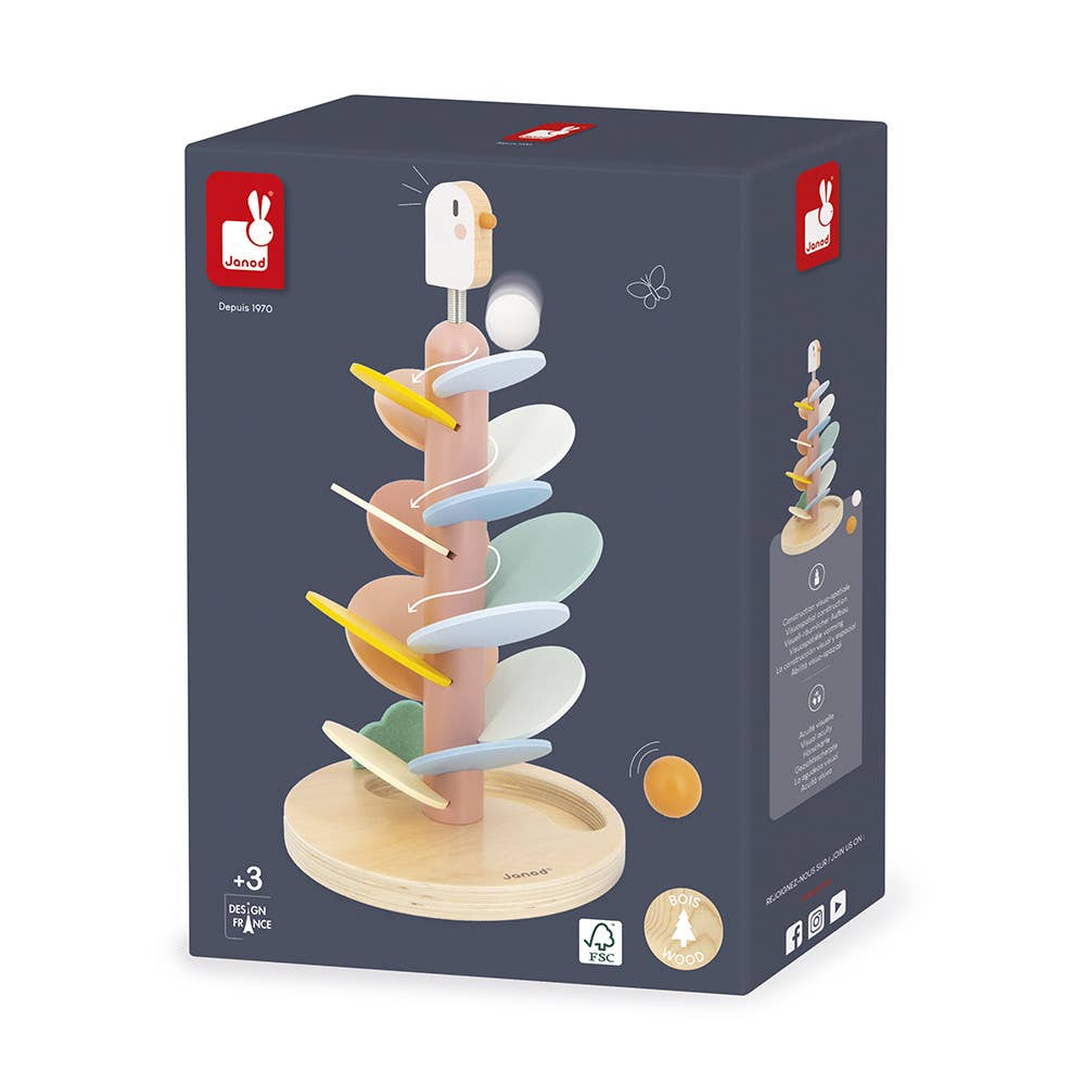 Wooden toy with colorful rings on a box packaging