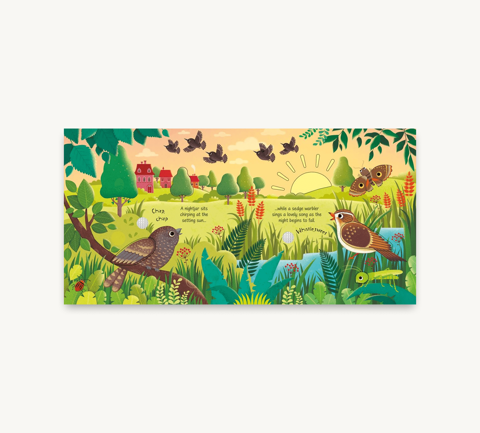 Colorful children's book cover with birds, trees, and a village scene on a white background