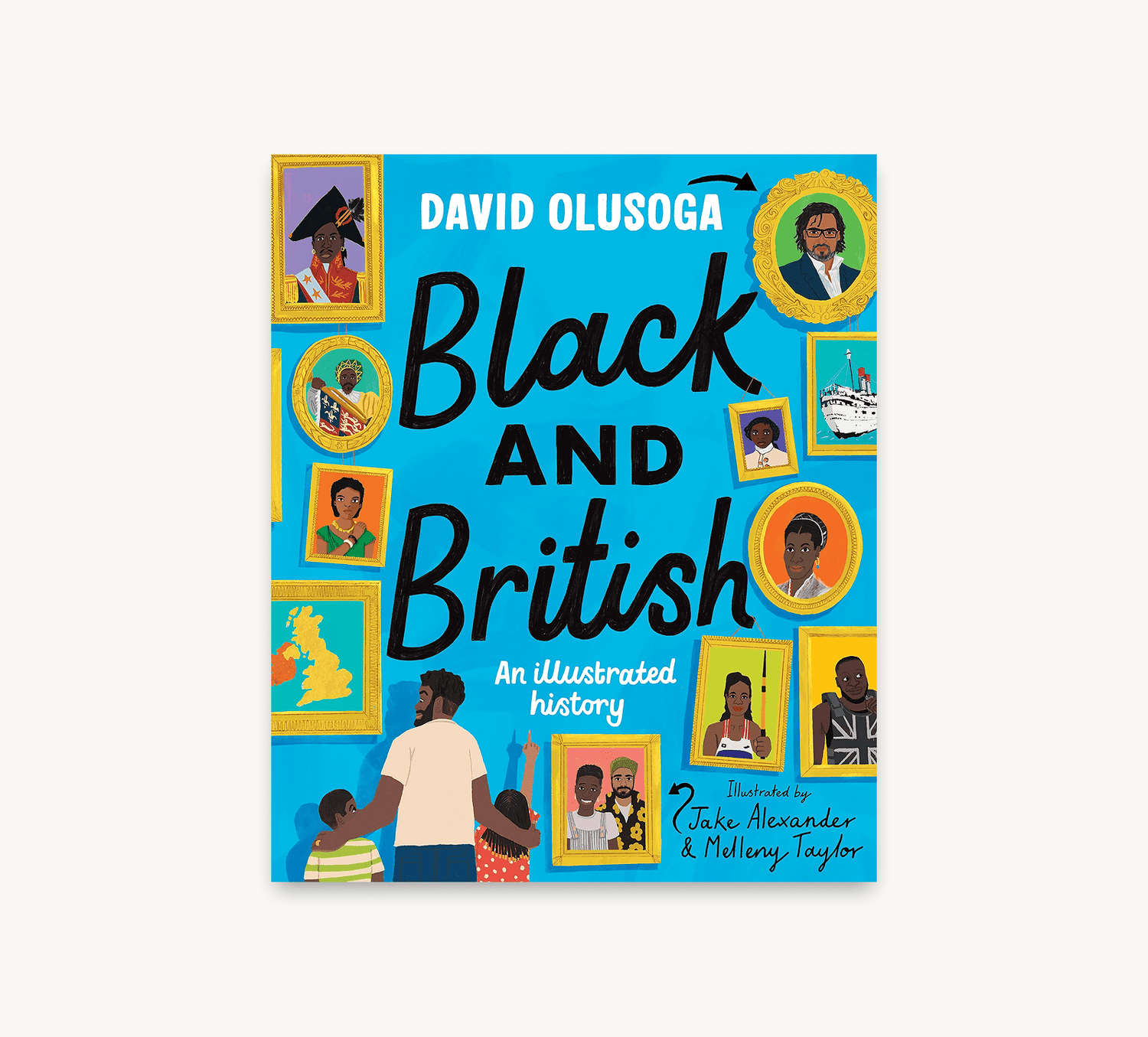 Book cover of 'Black and British' by David Olusoga with illustrations of people on a blue background.