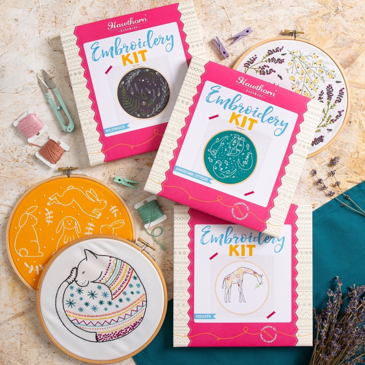 Embroidery kits with hoops and materials on a textured surface