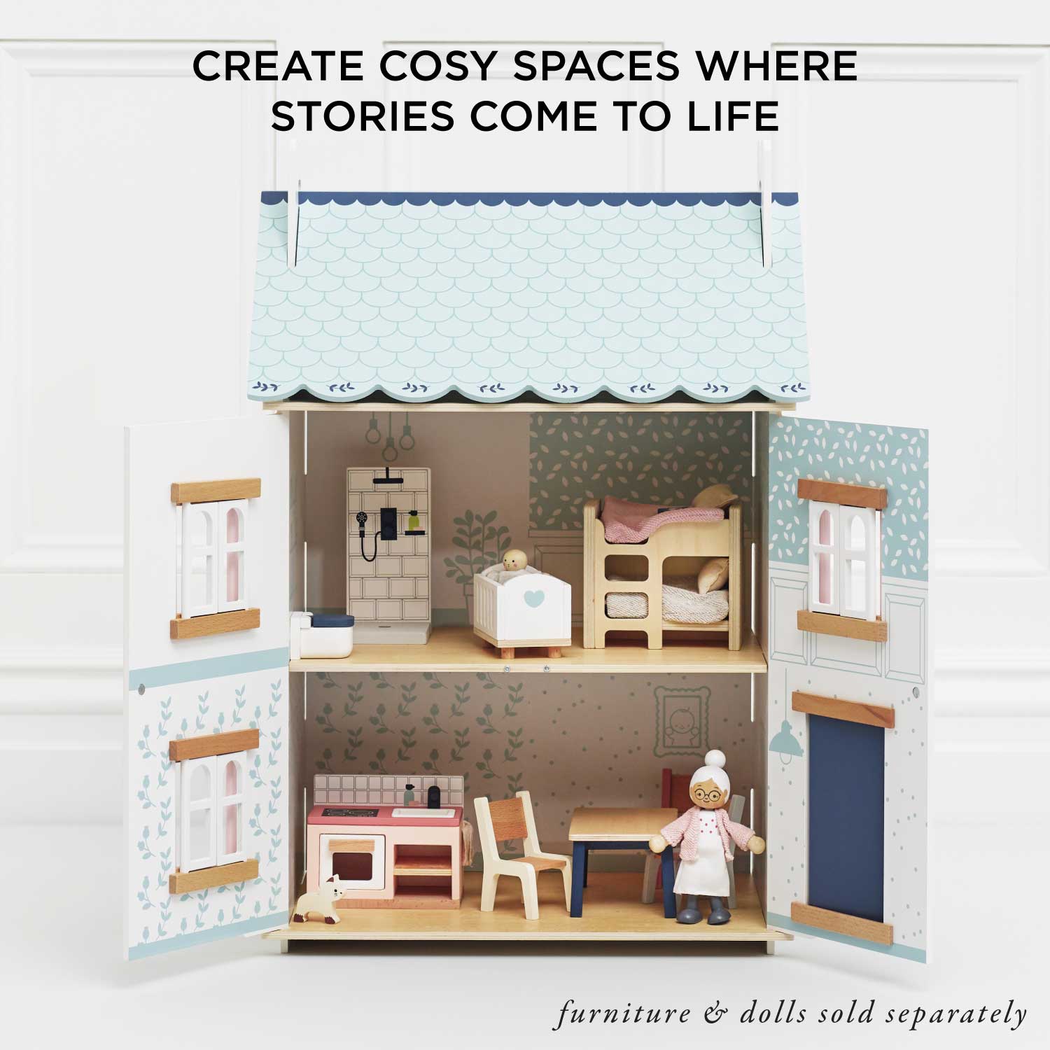 Dollhouse with furniture and dolls on a white background, text 'Create Cosy Spaces Where Stories Come to Life'.