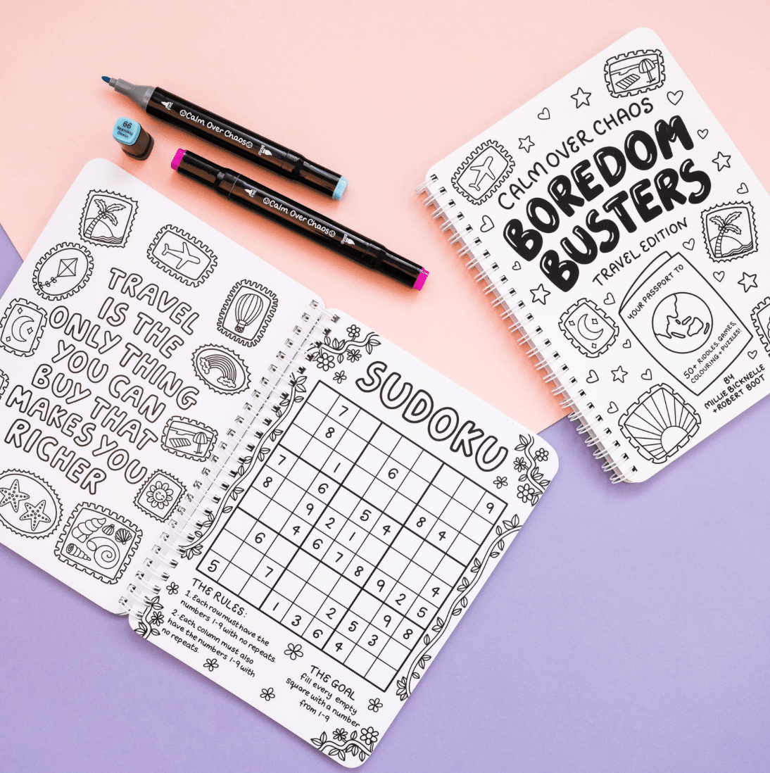 Two activity books with coloring and Sudoku pages on a pink and purple gradient background.