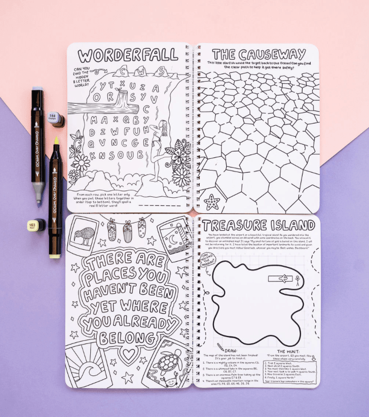 Coloring book with various pages on a pink and purple gradient background