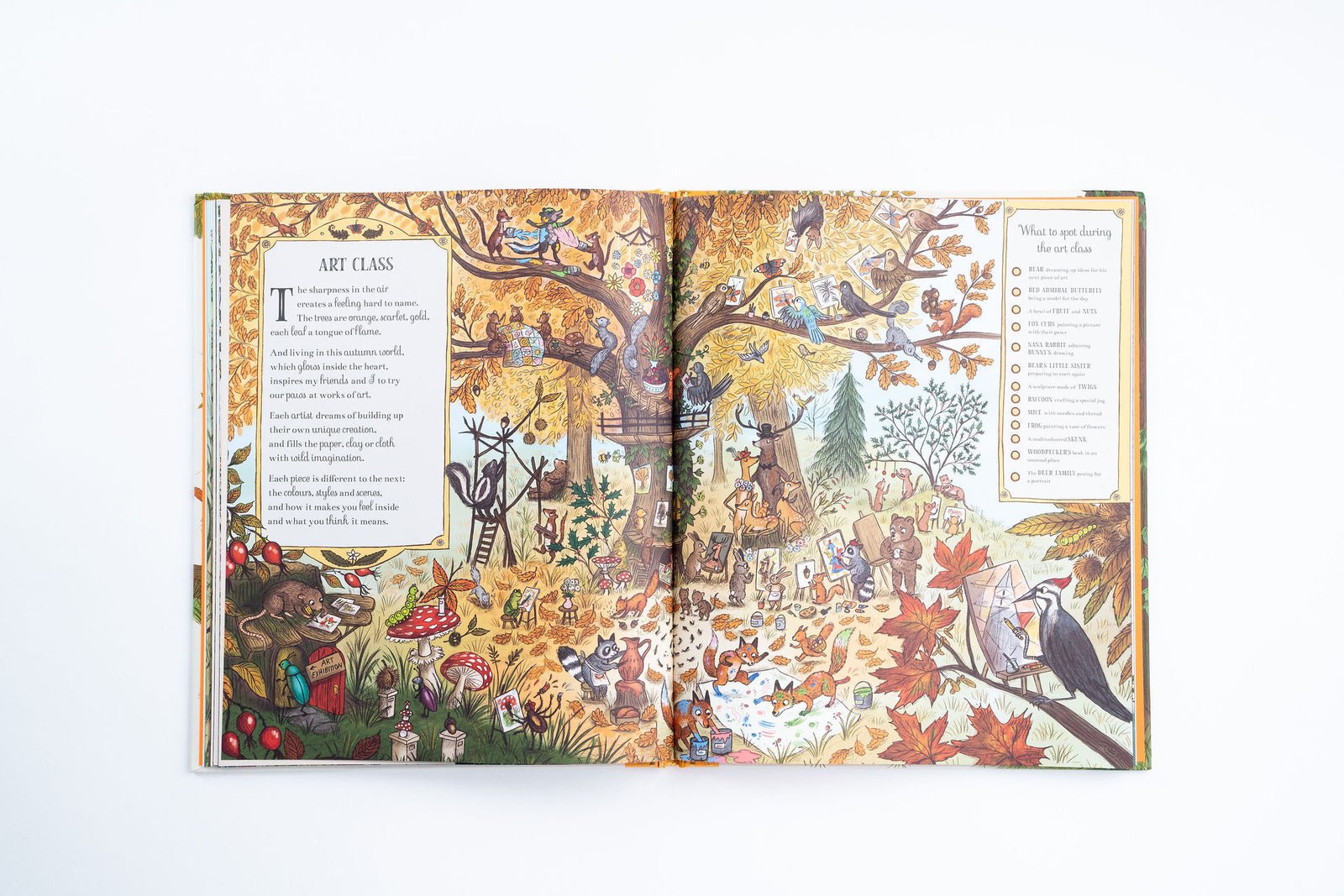 Open book with colorful illustrations of a forest scene and text on a white background