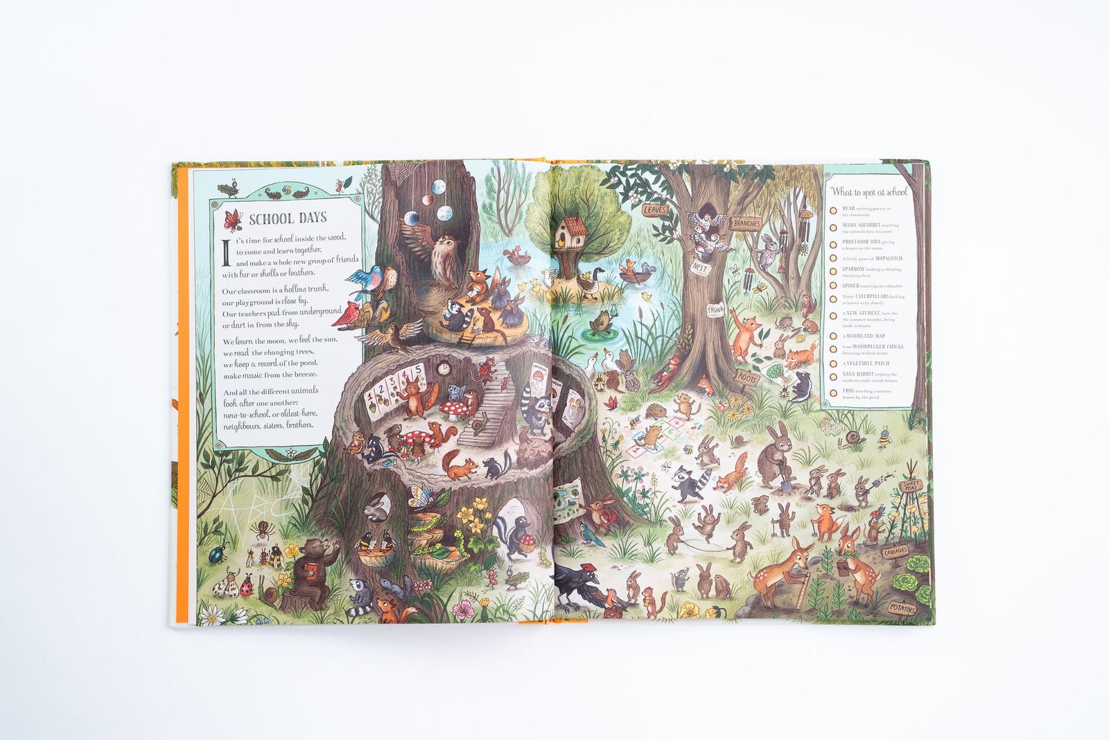 Illustrated book page with a colorful scene of animals and nature