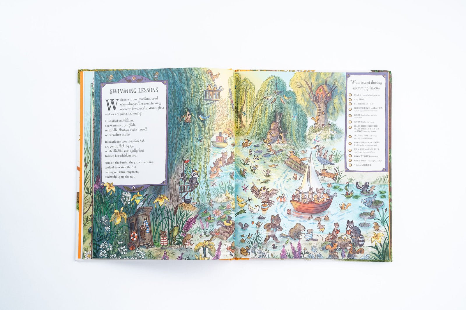 Illustrated book open to a page with colorful artwork and text on a white background