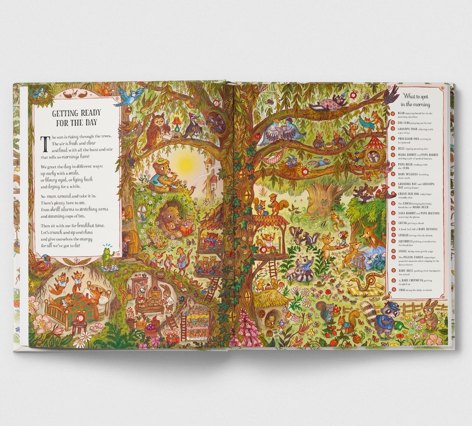 Open book with a colorful illustration of a tree filled with various characters and scenes on a white background.