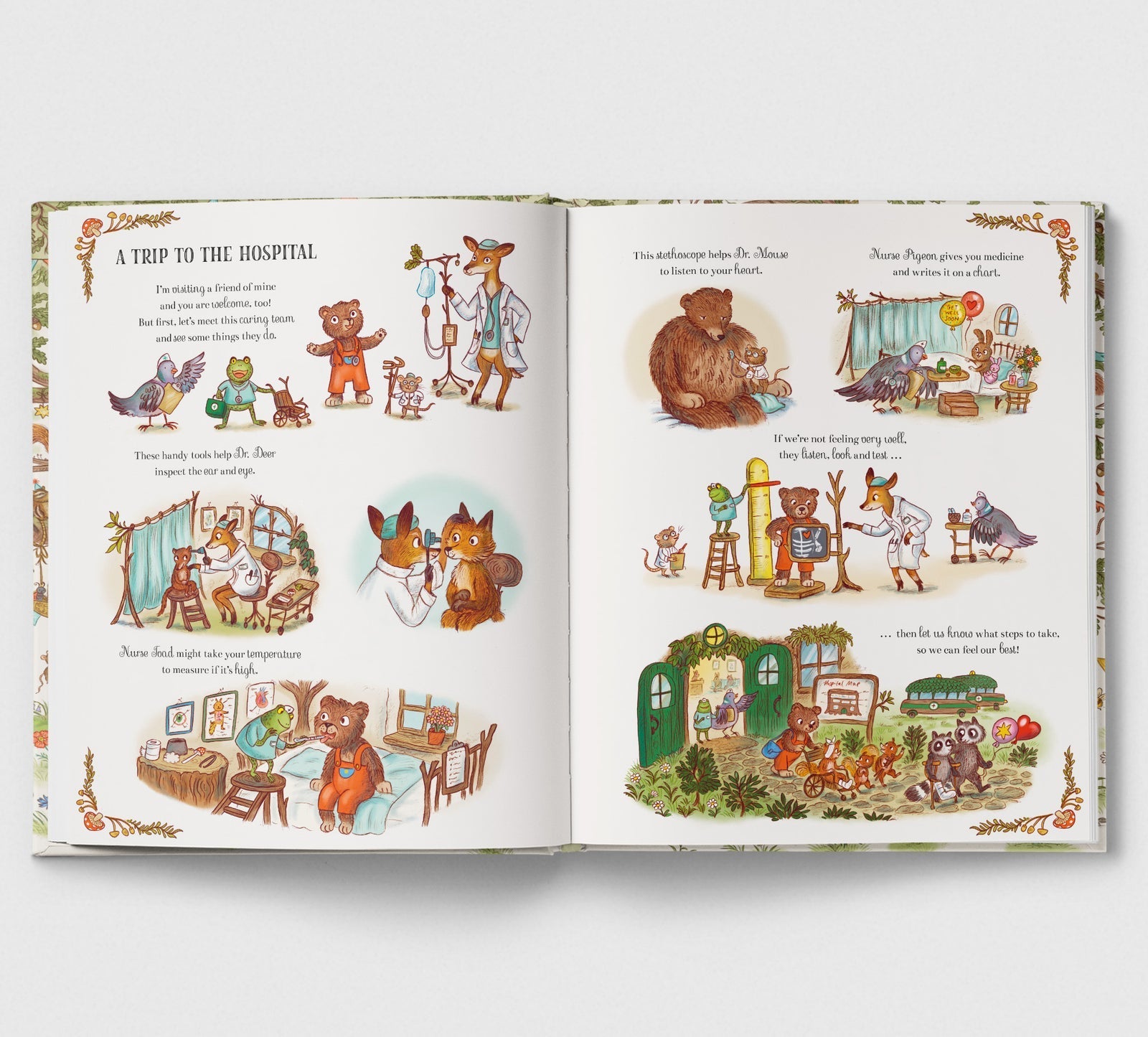 Open children's book with illustrated pages featuring animals and a hospital scene.