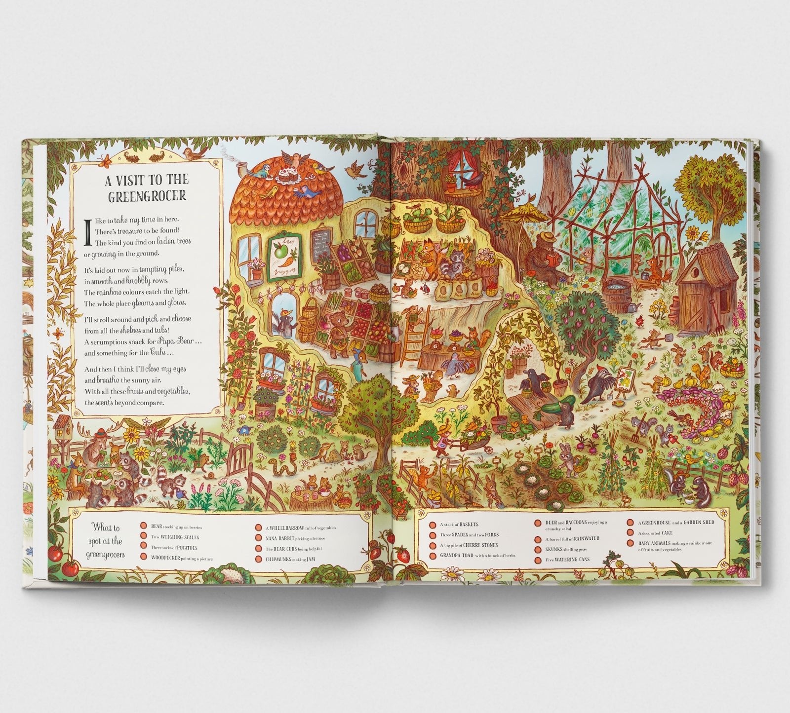 Illustrated book page with a colorful garden scene and text on a white background