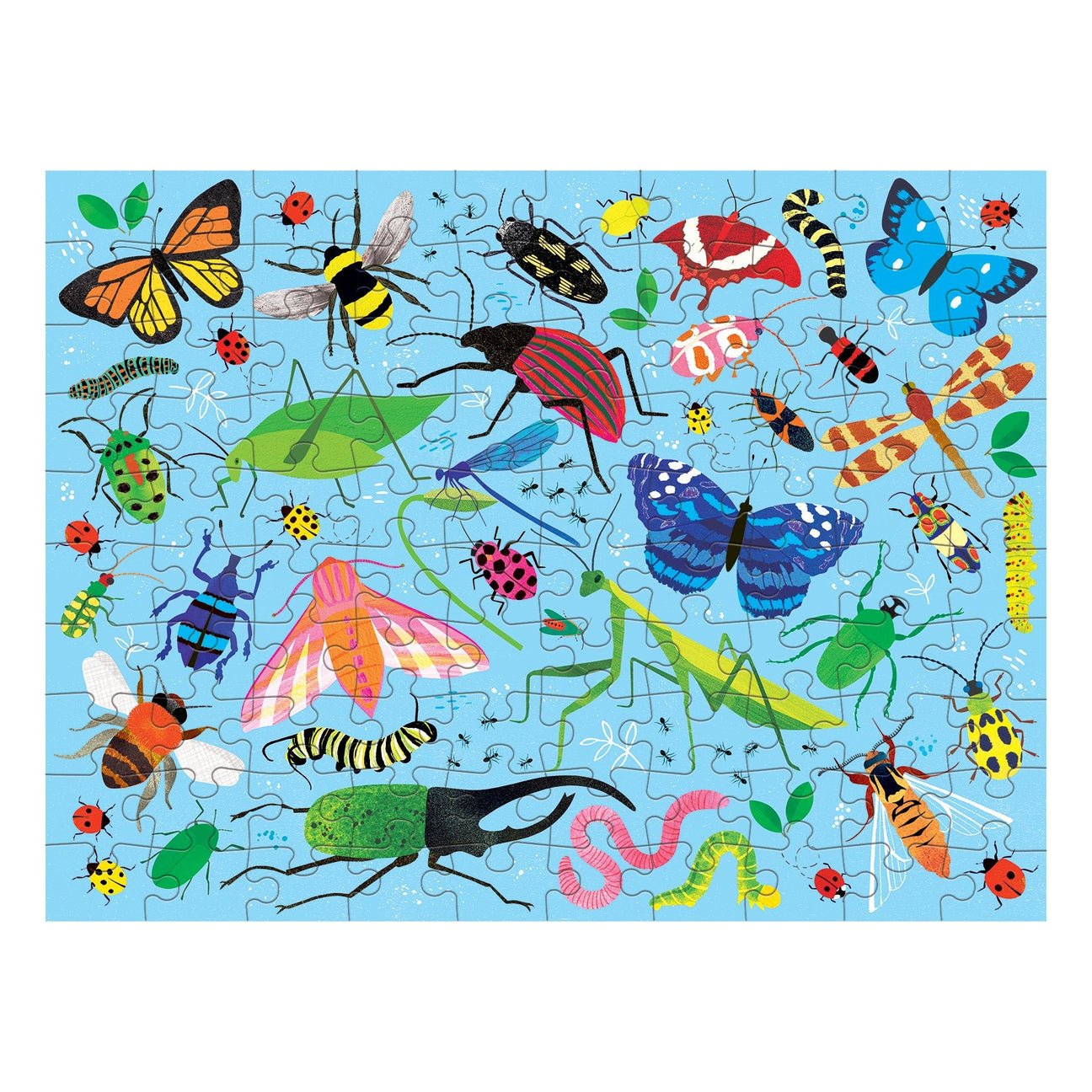 Colorful insect-themed puzzle on a blue background