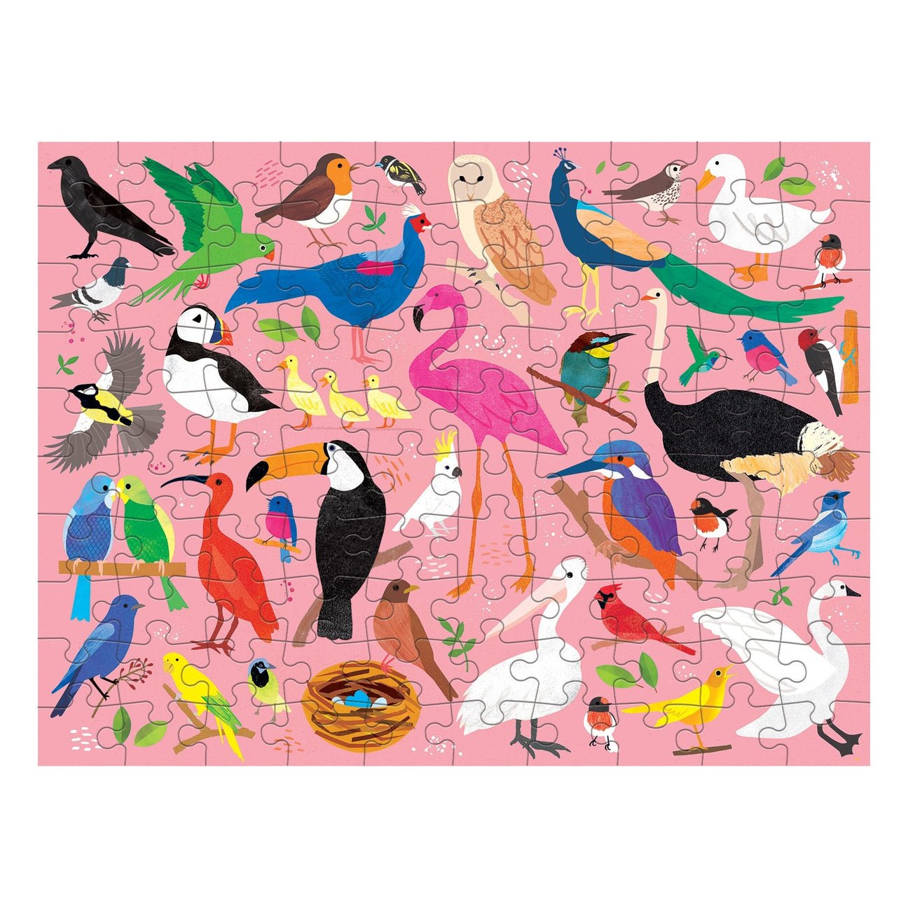 Bird-themed puzzle on a pink background