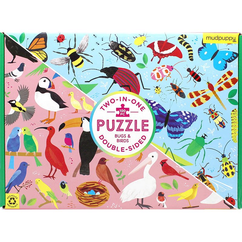 Two-in-one puzzle box featuring bugs and birds on a colorful background with Mudpuppy branding.