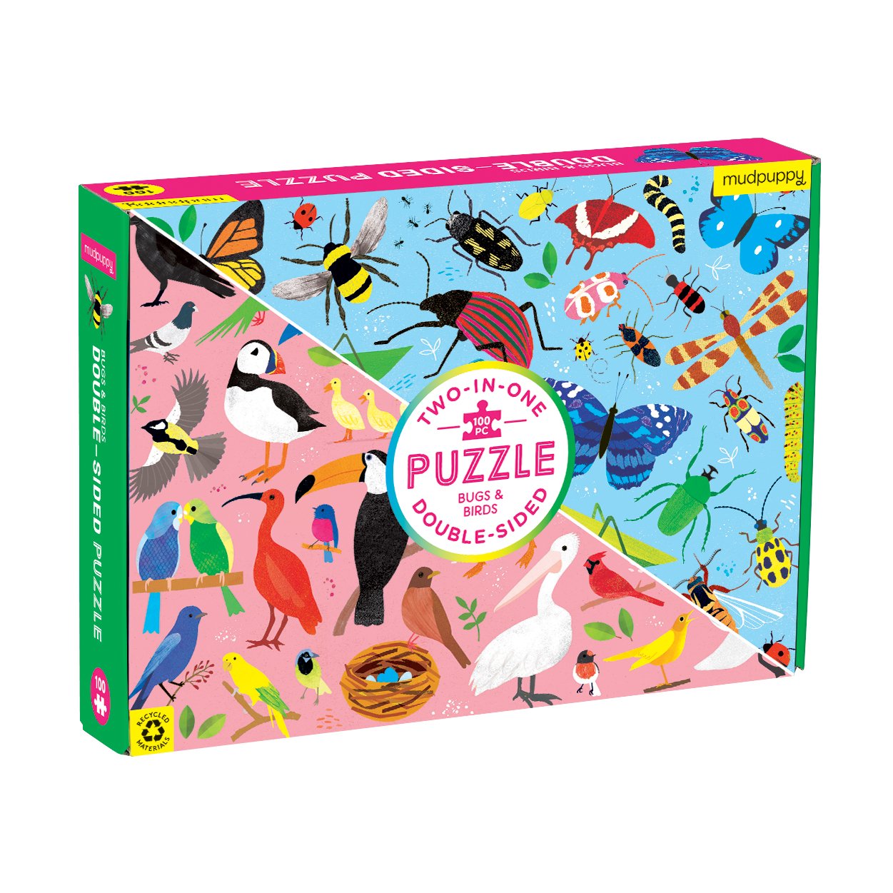 Double-sided puzzle box with birds and bugs design on a white background