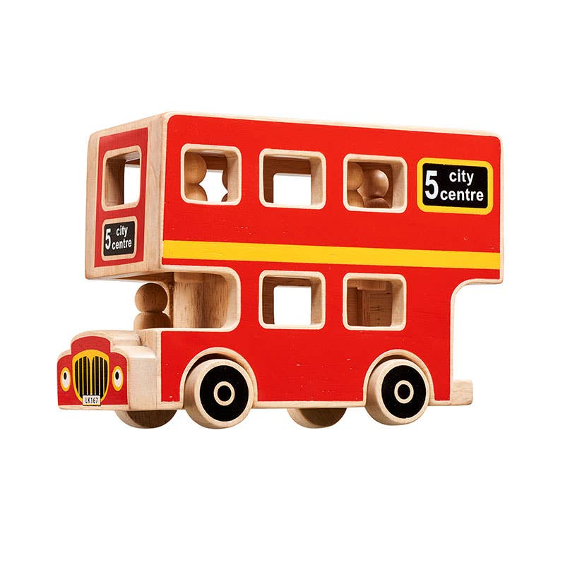 Wooden toy bus with red body and yellow stripe on a white background