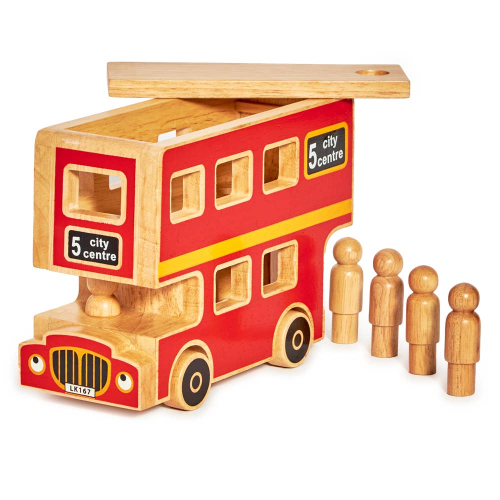 Wooden toy bus with a red and yellow design, featuring '5 city centre' text, and four wooden figures on a white background.