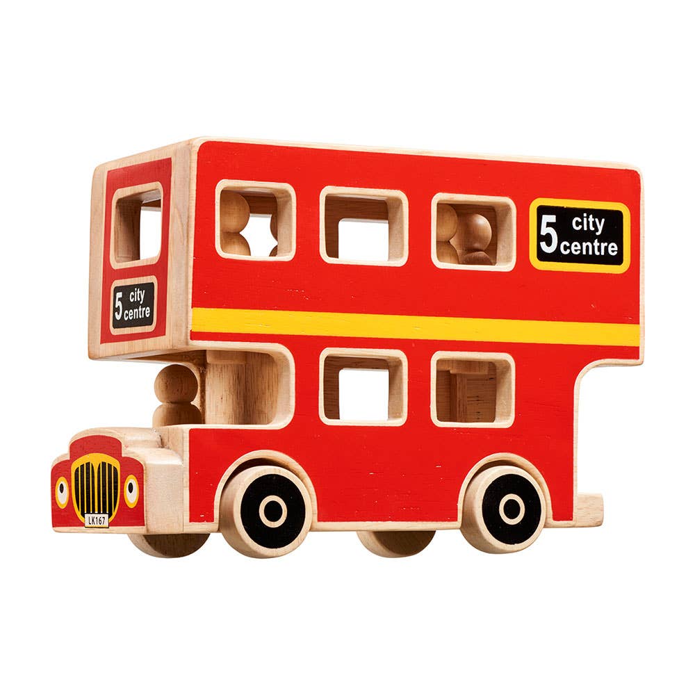 Wooden toy bus with red body and yellow details on a white background